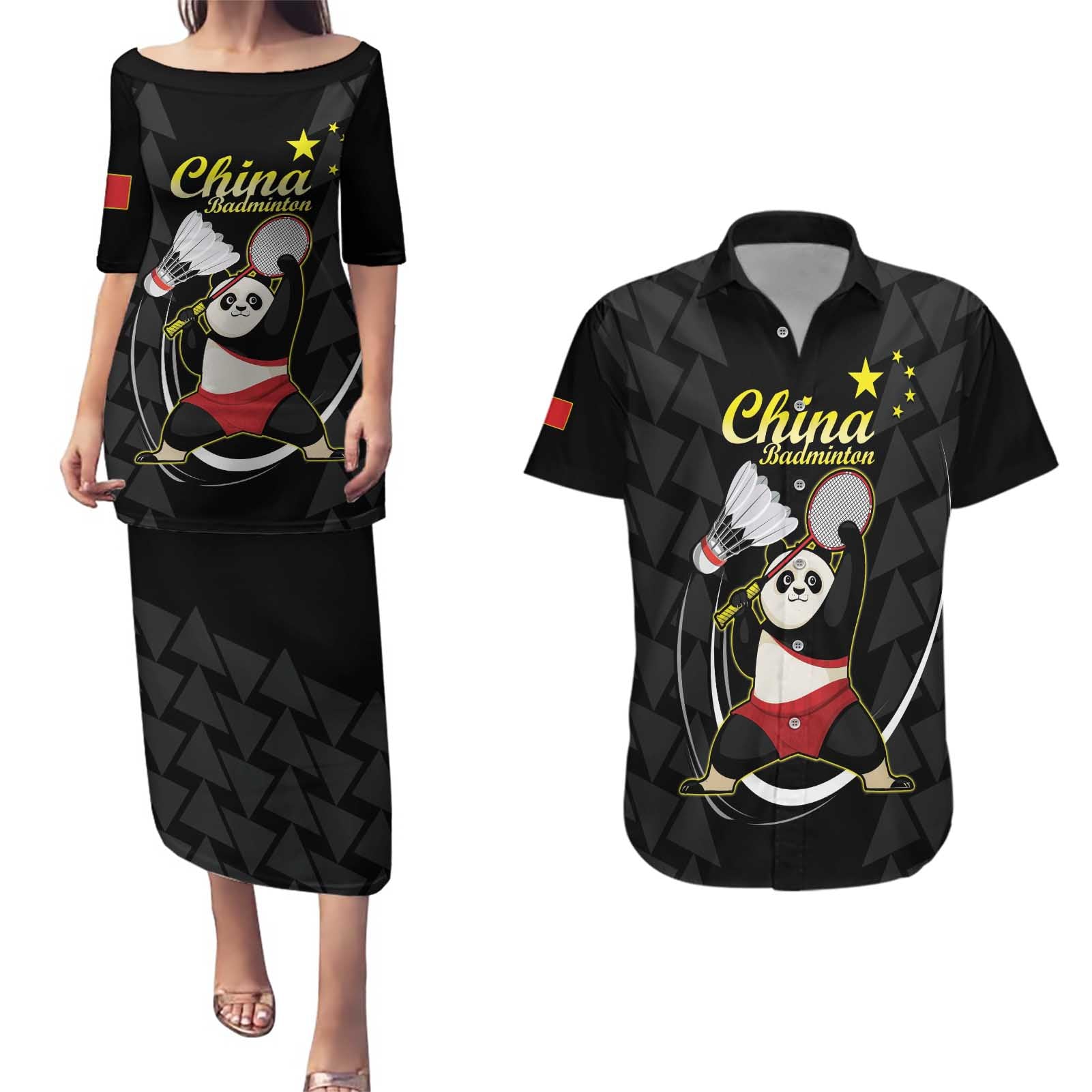 Personalised China Badminton Couples Matching Puletasi and Hawaiian Shirt 2024 Chinese Cute Panda Black Version - Wonder Print Shop