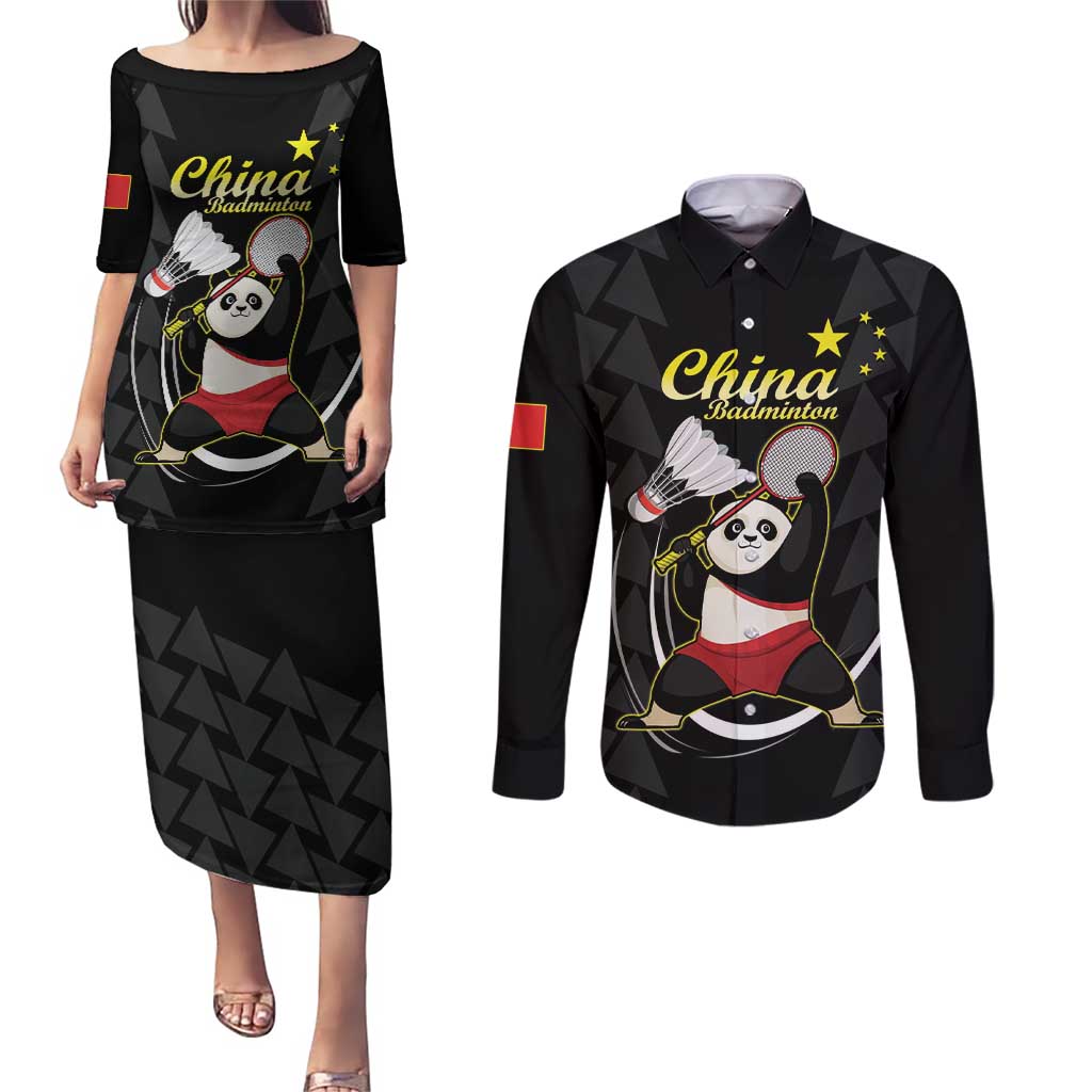 Personalised China Badminton Couples Matching Puletasi and Long Sleeve Button Shirt 2024 Chinese Cute Panda Black Version - Wonder Print Shop