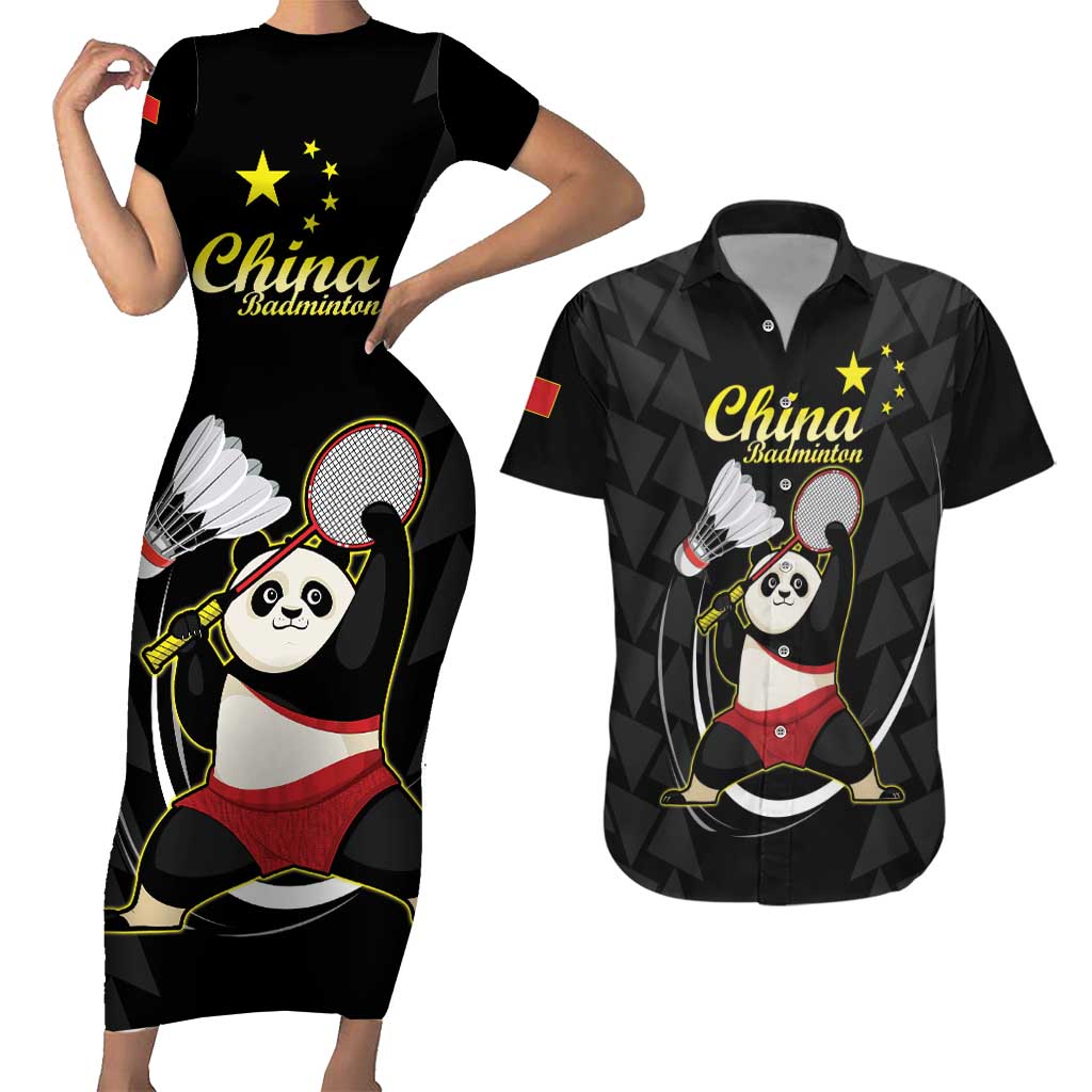 Personalised China Badminton Couples Matching Short Sleeve Bodycon Dress and Hawaiian Shirt 2024 Chinese Cute Panda Black Version - Wonder Print Shop