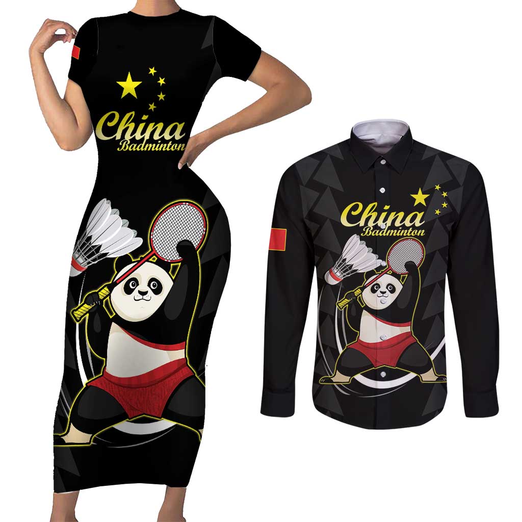 Personalised China Badminton Couples Matching Short Sleeve Bodycon Dress and Long Sleeve Button Shirt 2024 Chinese Cute Panda Black Version - Wonder Print Shop