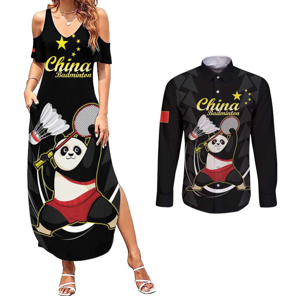 Personalised China Badminton Couples Matching Summer Maxi Dress and Long Sleeve Button Shirt 2024 Chinese Cute Panda Black Version - Wonder Print Shop