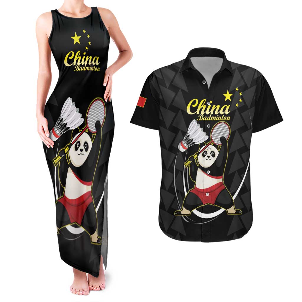 Personalised China Badminton Couples Matching Tank Maxi Dress and Hawaiian Shirt 2024 Chinese Cute Panda Black Version - Wonder Print Shop