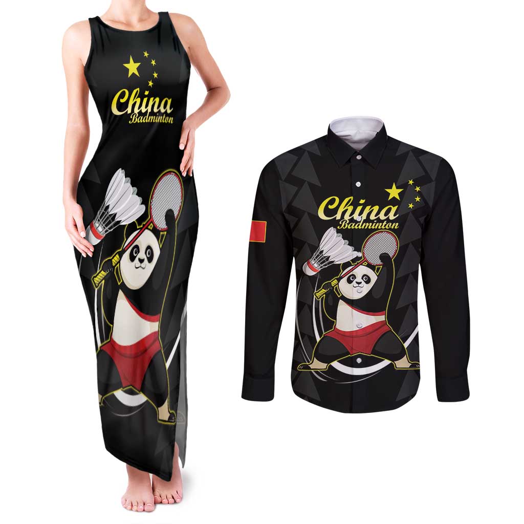 Personalised China Badminton Couples Matching Tank Maxi Dress and Long Sleeve Button Shirt 2024 Chinese Cute Panda Black Version - Wonder Print Shop