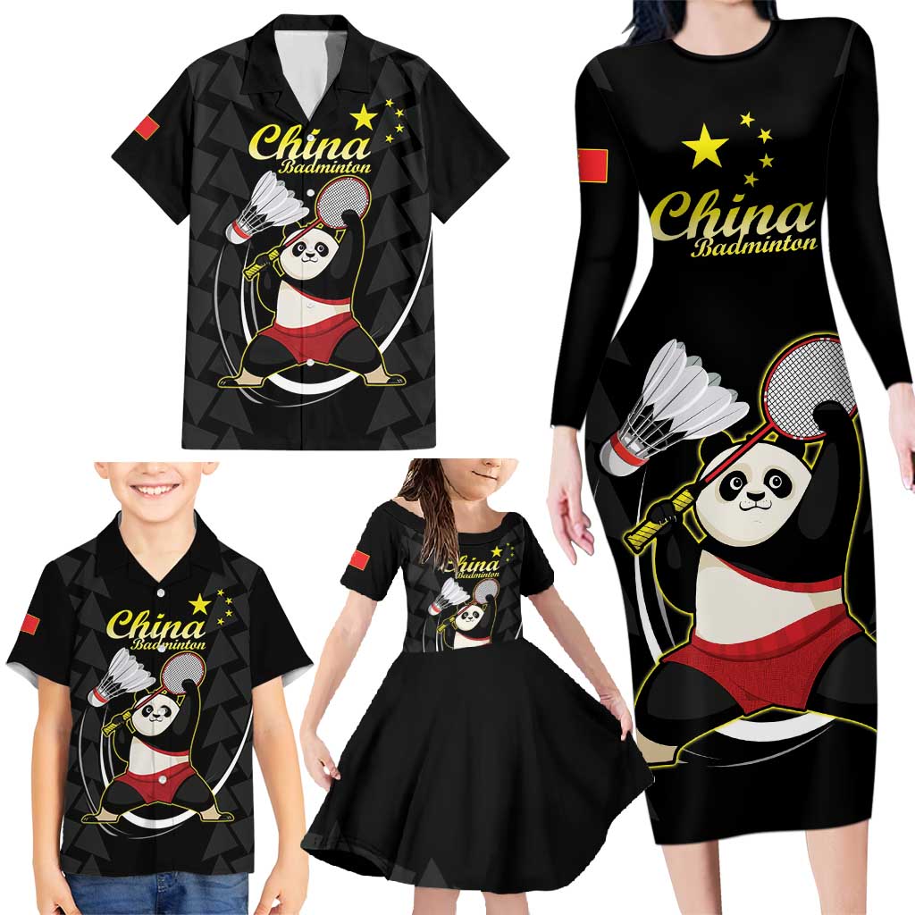 Personalised China Badminton Family Matching Long Sleeve Bodycon Dress and Hawaiian Shirt 2024 Chinese Cute Panda Black Version - Wonder Print Shop