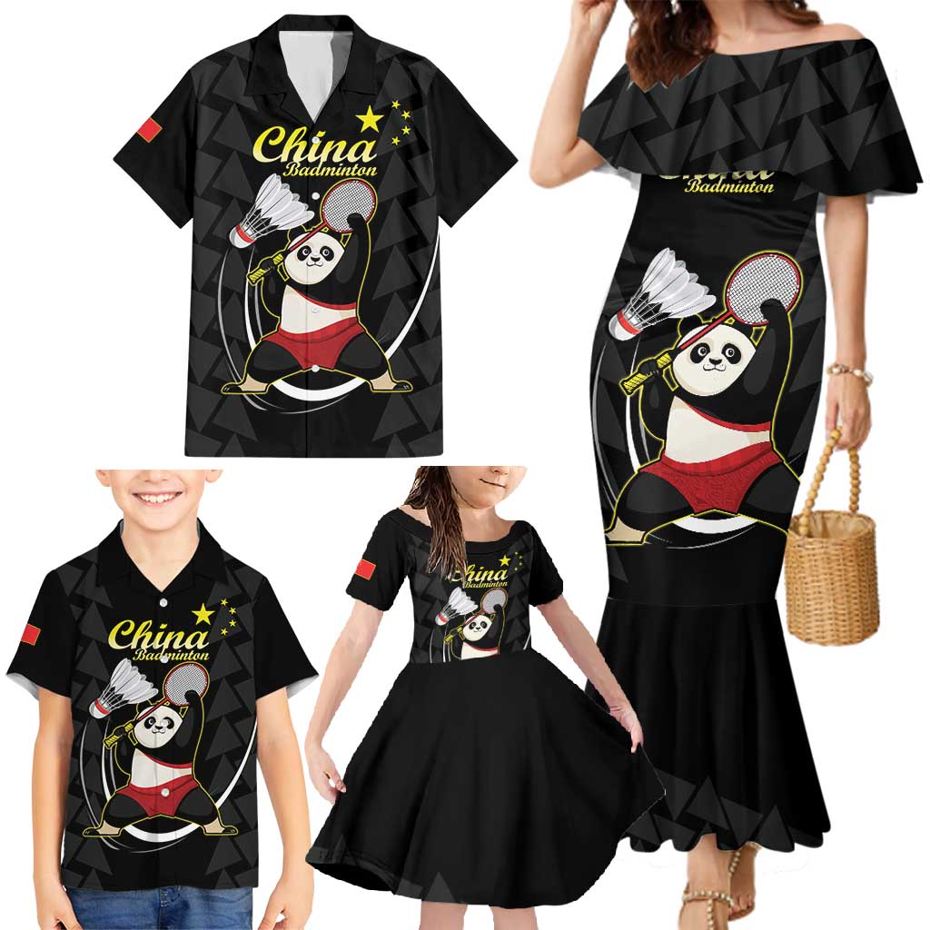 Personalised China Badminton Family Matching Mermaid Dress and Hawaiian Shirt 2024 Chinese Cute Panda Black Version - Wonder Print Shop