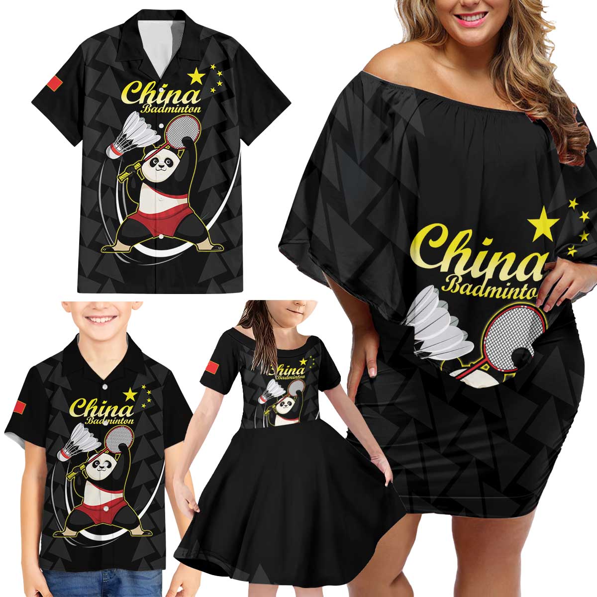 Personalised China Badminton Family Matching Off Shoulder Short Dress and Hawaiian Shirt 2024 Chinese Cute Panda Black Version - Wonder Print Shop