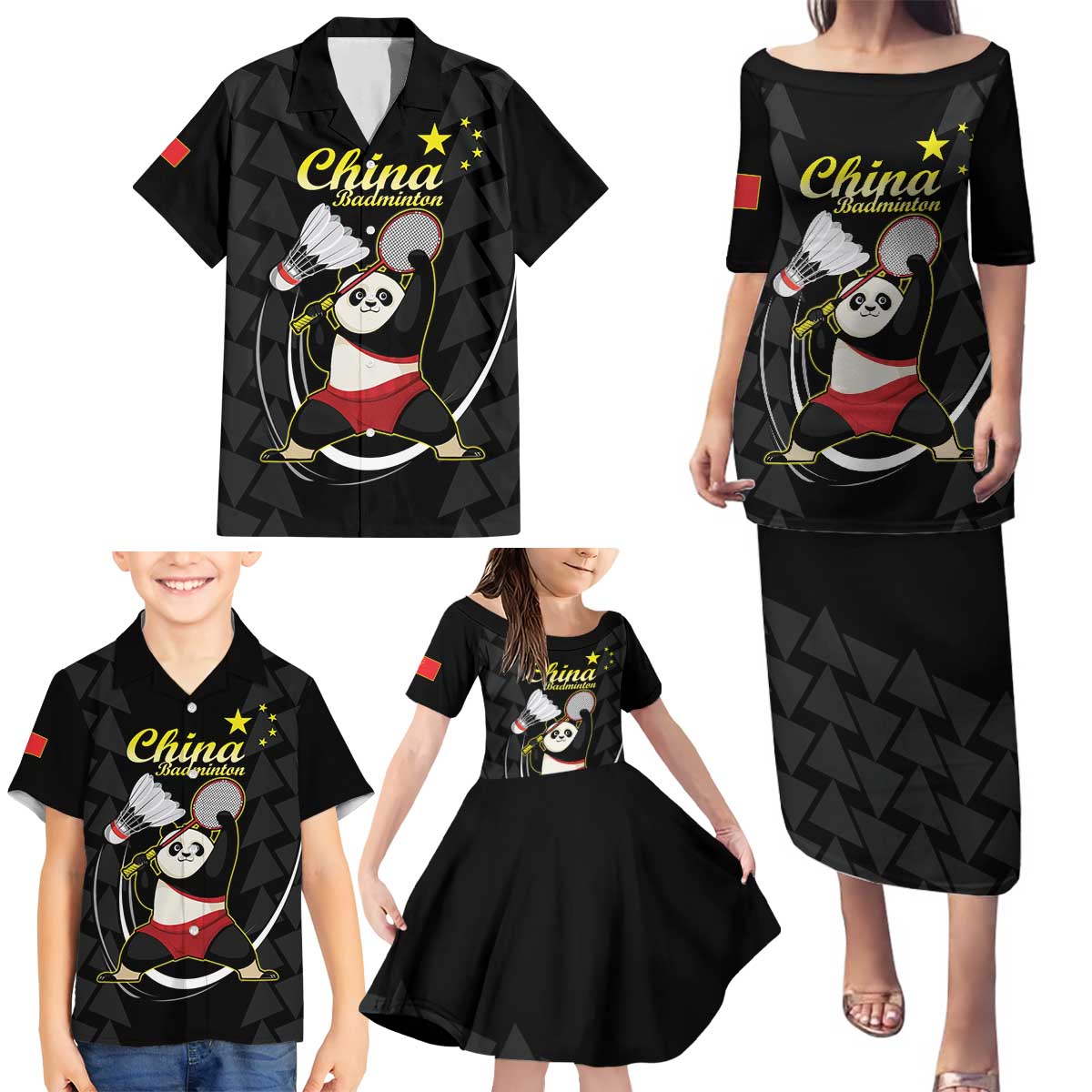 Personalised China Badminton Family Matching Puletasi and Hawaiian Shirt 2024 Chinese Cute Panda Black Version - Wonder Print Shop