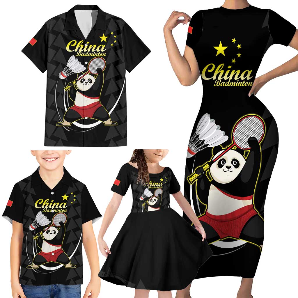 Personalised China Badminton Family Matching Short Sleeve Bodycon Dress and Hawaiian Shirt 2024 Chinese Cute Panda Black Version - Wonder Print Shop