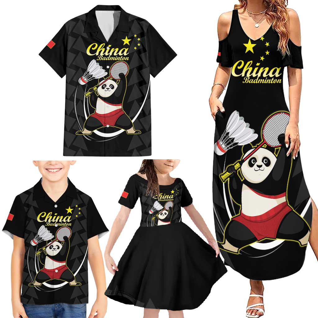 Personalised China Badminton Family Matching Summer Maxi Dress and Hawaiian Shirt 2024 Chinese Cute Panda Black Version - Wonder Print Shop