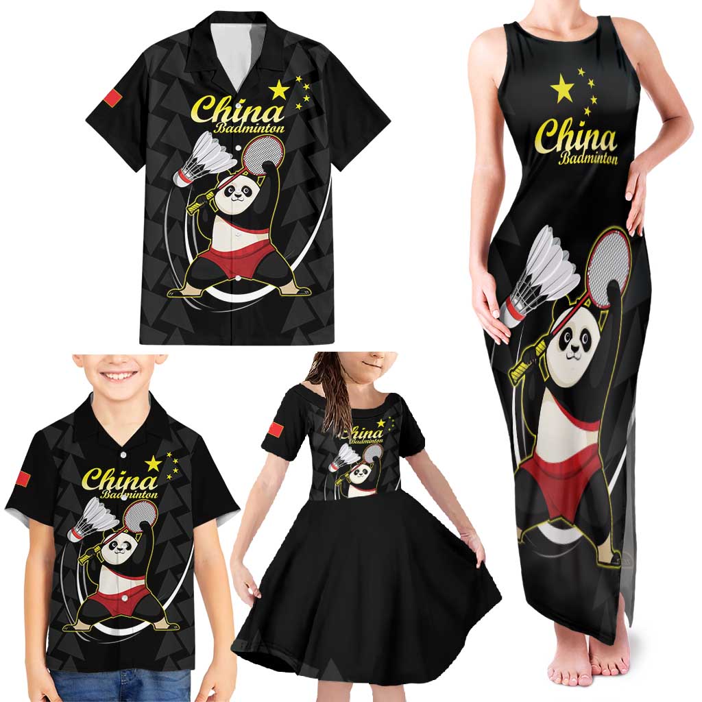 Personalised China Badminton Family Matching Tank Maxi Dress and Hawaiian Shirt 2024 Chinese Cute Panda Black Version - Wonder Print Shop