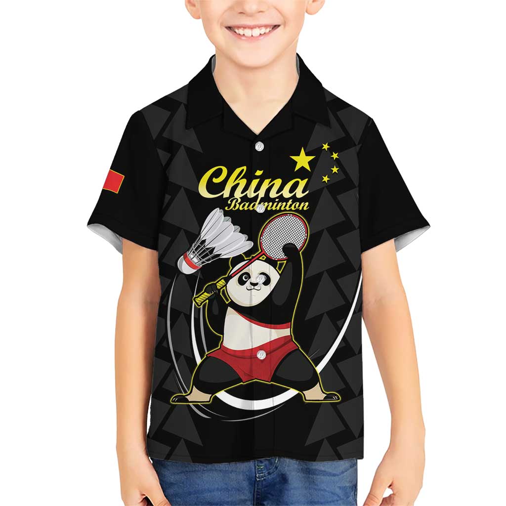 Personalised China Badminton Kid Hawaiian Shirt 2024 Chinese Cute Panda Black Version - Wonder Print Shop