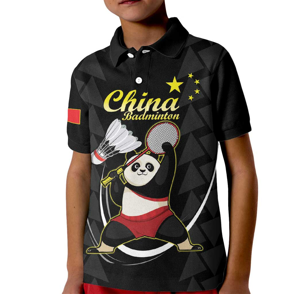 Personalised China Badminton Kid Polo Shirt 2024 Chinese Cute Panda Black Version - Wonder Print Shop