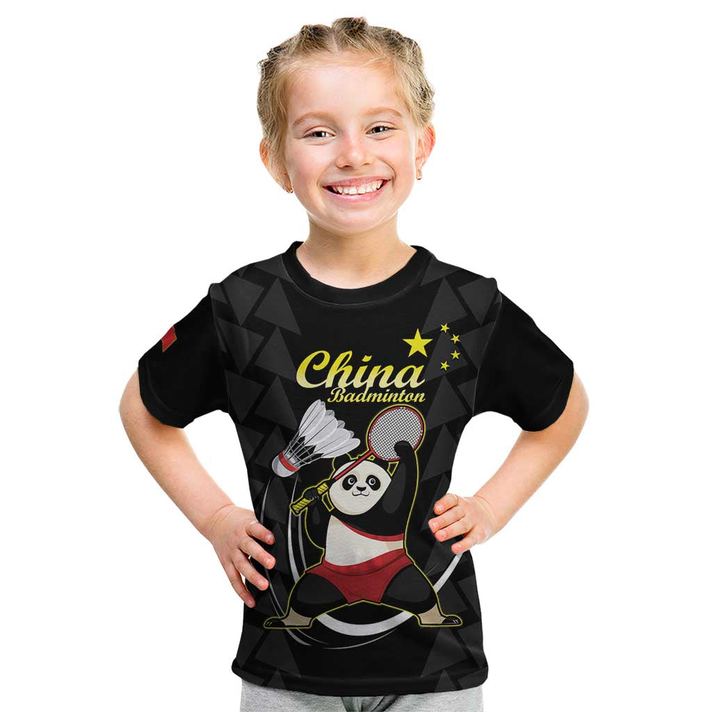 Personalised China Badminton Kid T Shirt 2024 Chinese Cute Panda Black Version - Wonder Print Shop