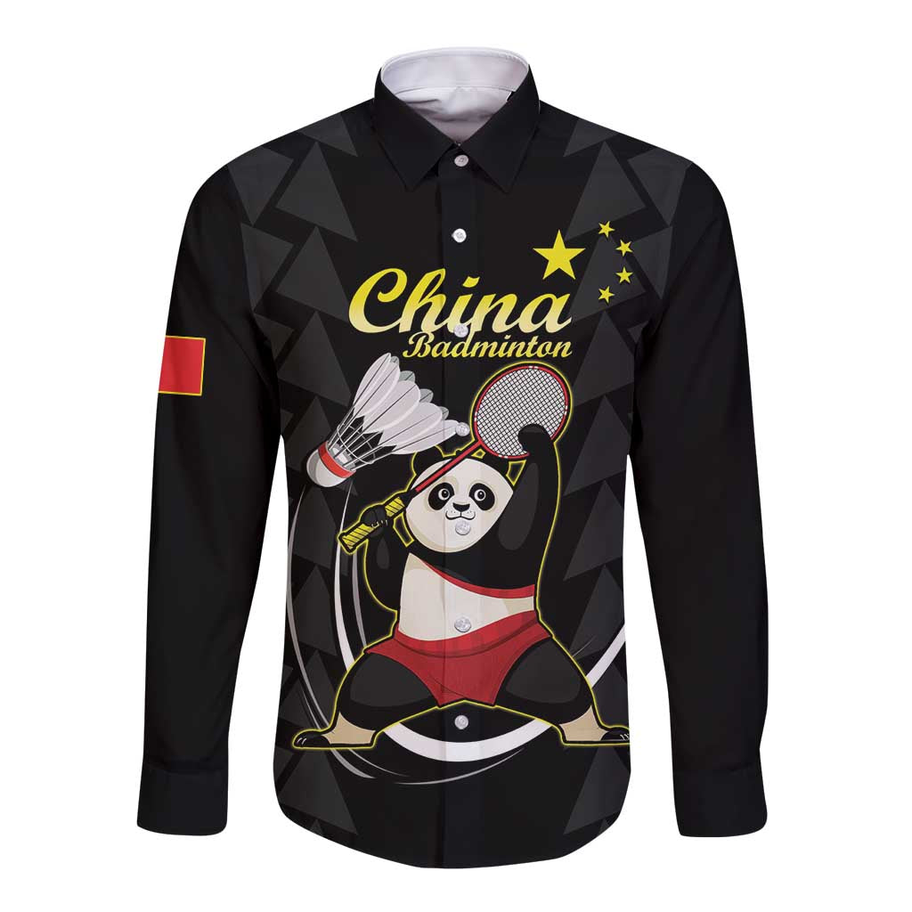 Personalised China Badminton Long Sleeve Button Shirt 2024 Chinese Cute Panda Black Version - Wonder Print Shop