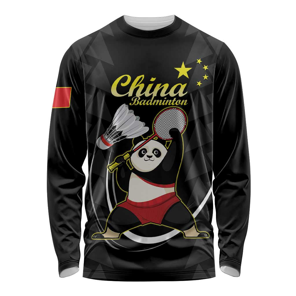 Personalised China Badminton Long Sleeve Shirt 2024 Chinese Cute Panda Black Version - Wonder Print Shop