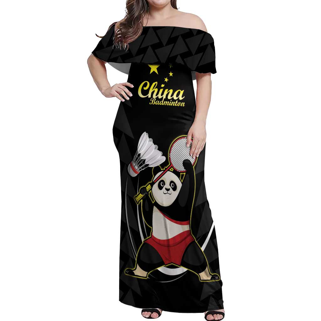 Personalised China Badminton Off Shoulder Maxi Dress 2024 Chinese Cute Panda Black Version - Wonder Print Shop