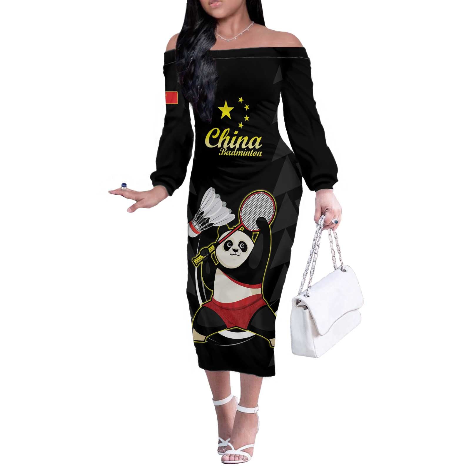 Personalised China Badminton Off The Shoulder Long Sleeve Dress 2024 Chinese Cute Panda Black Version - Wonder Print Shop