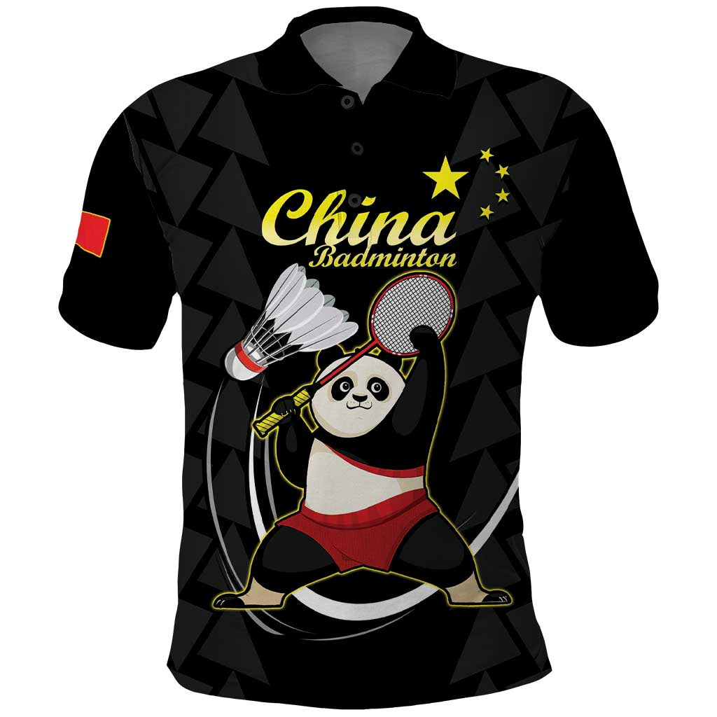 Personalised China Badminton Polo Shirt 2024 Chinese Cute Panda Black Version - Wonder Print Shop