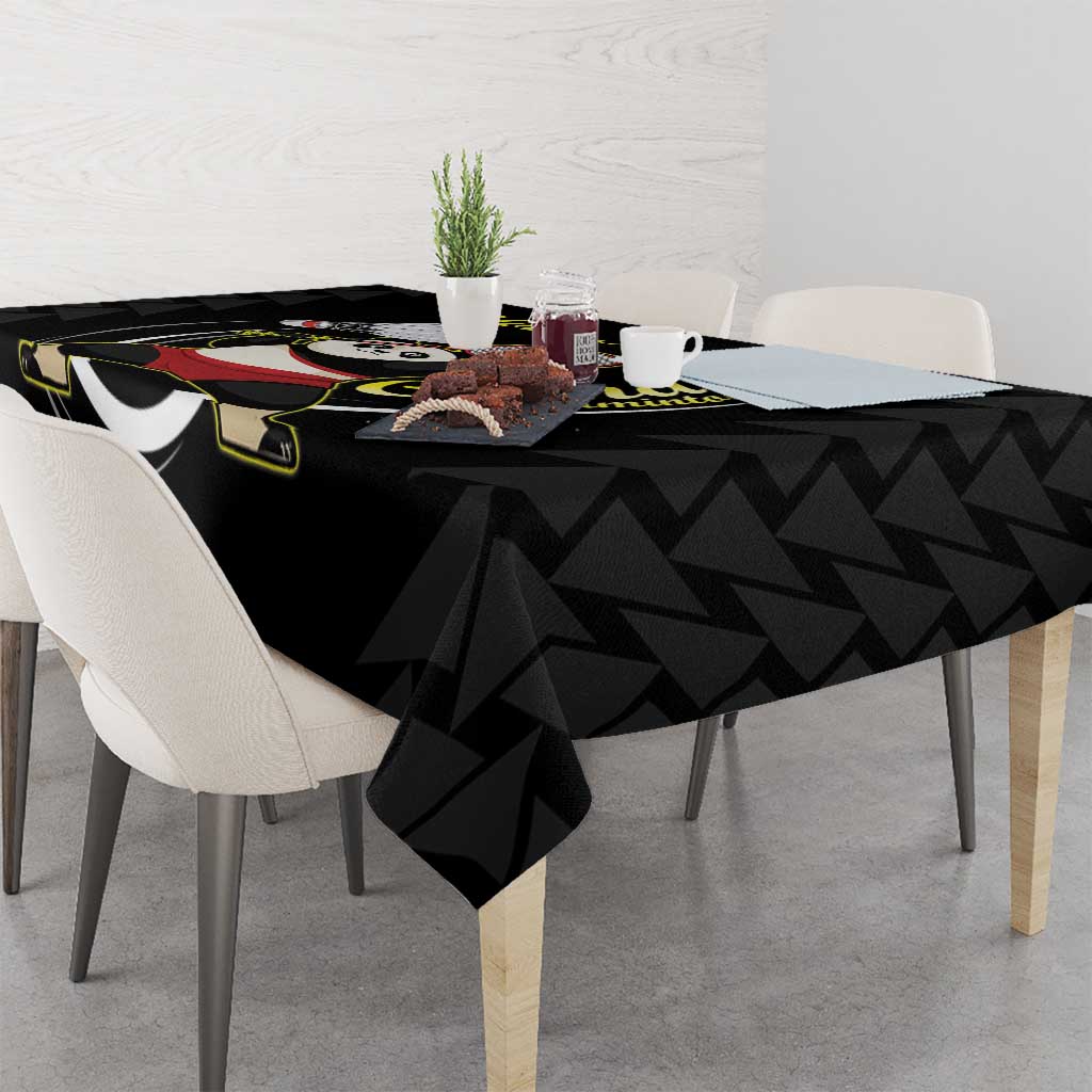 Black badminton tablecloth with panda graphic and geometric chevron pattern