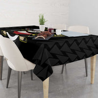 Black badminton tablecloth with panda graphic and geometric chevron pattern