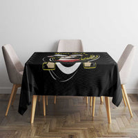 Black badminton tablecloth with centered panda-style artwork and bold accents