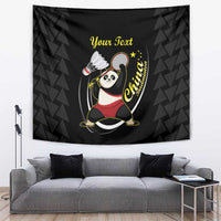 Black personalised badminton tapestry with cute panda holding racket and shuttlecock