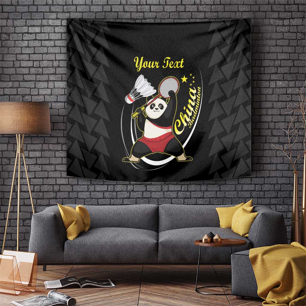 Black hanging tapestry with panda badminton design and curved multicolor lettering