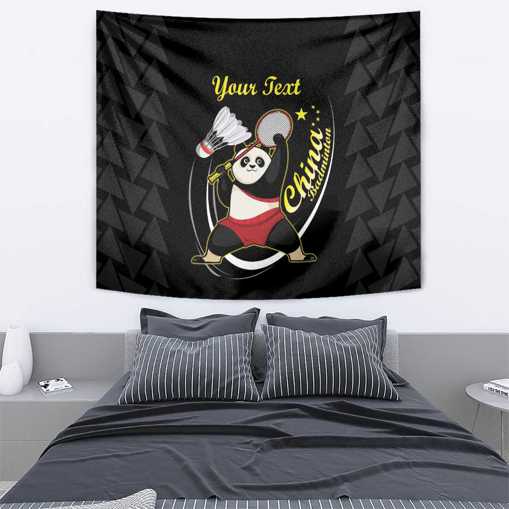 Black wall tapestry with panda badminton player, shuttlecock graphic, and 'Your Text'