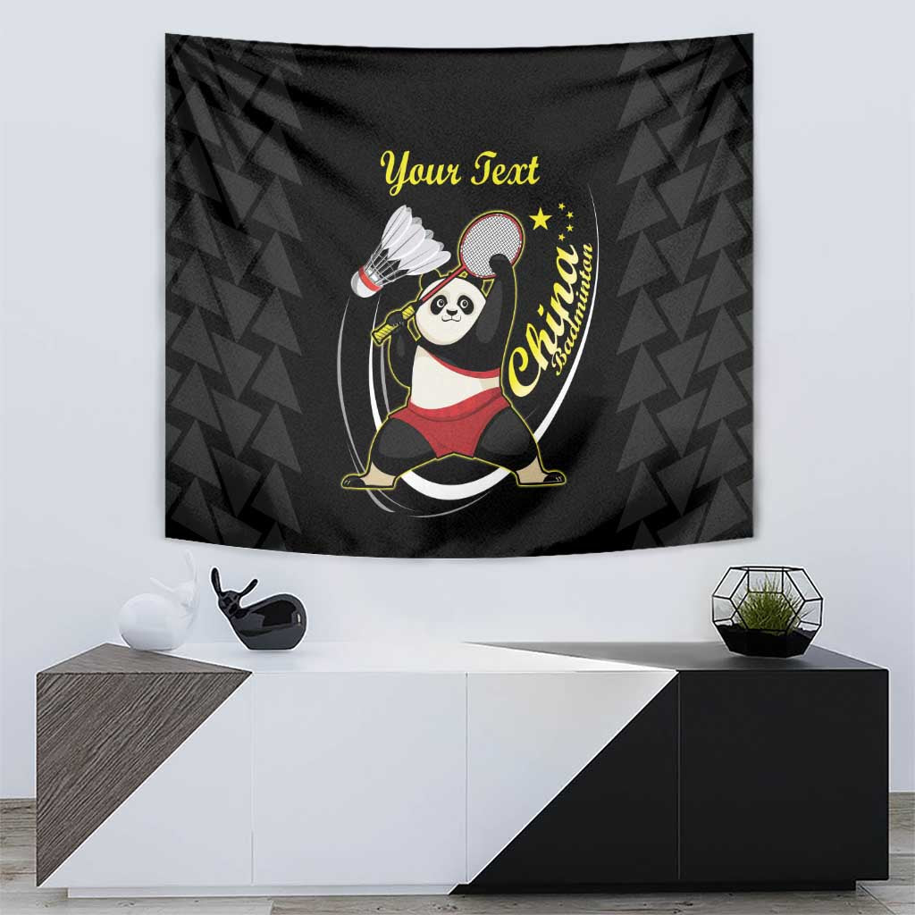 Black tapestry featuring panda badminton player, shuttlecock, and vertical 'China' text