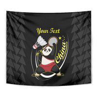 Black fabric tapestry with panda badminton player, shuttlecock, star accents, and 'Your Text'
