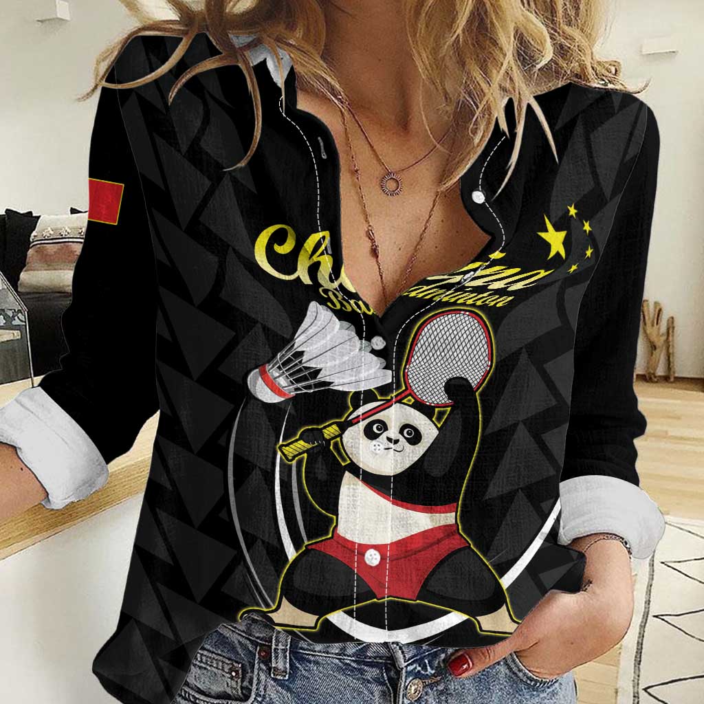 Personalised China Badminton Women Casual Shirt 2024 Chinese Cute Panda Black Version - Wonder Print Shop