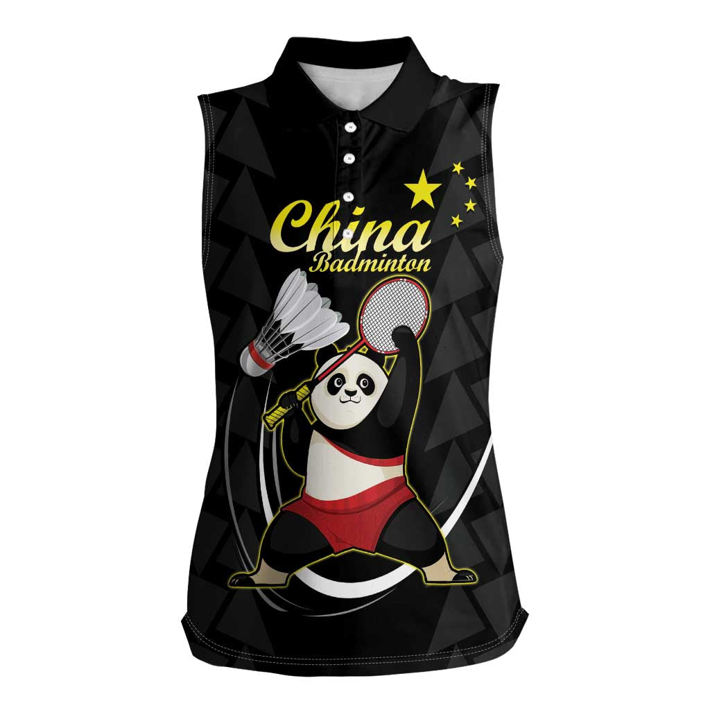 Personalised China Badminton Women Sleeveless Polo Shirt 2024 Chinese Cute Panda Black Version - Wonder Print Shop