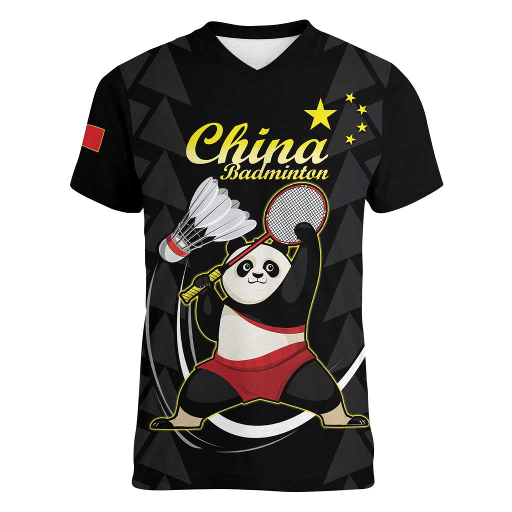 Personalised China Badminton Women V-Neck T-Shirt 2024 Chinese Cute Panda Black Version - Wonder Print Shop