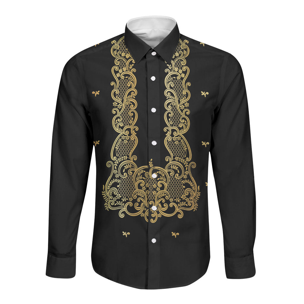 Philippines National Costume Long Sleeve Button Shirt Barong Tagalog Inspired Black Color