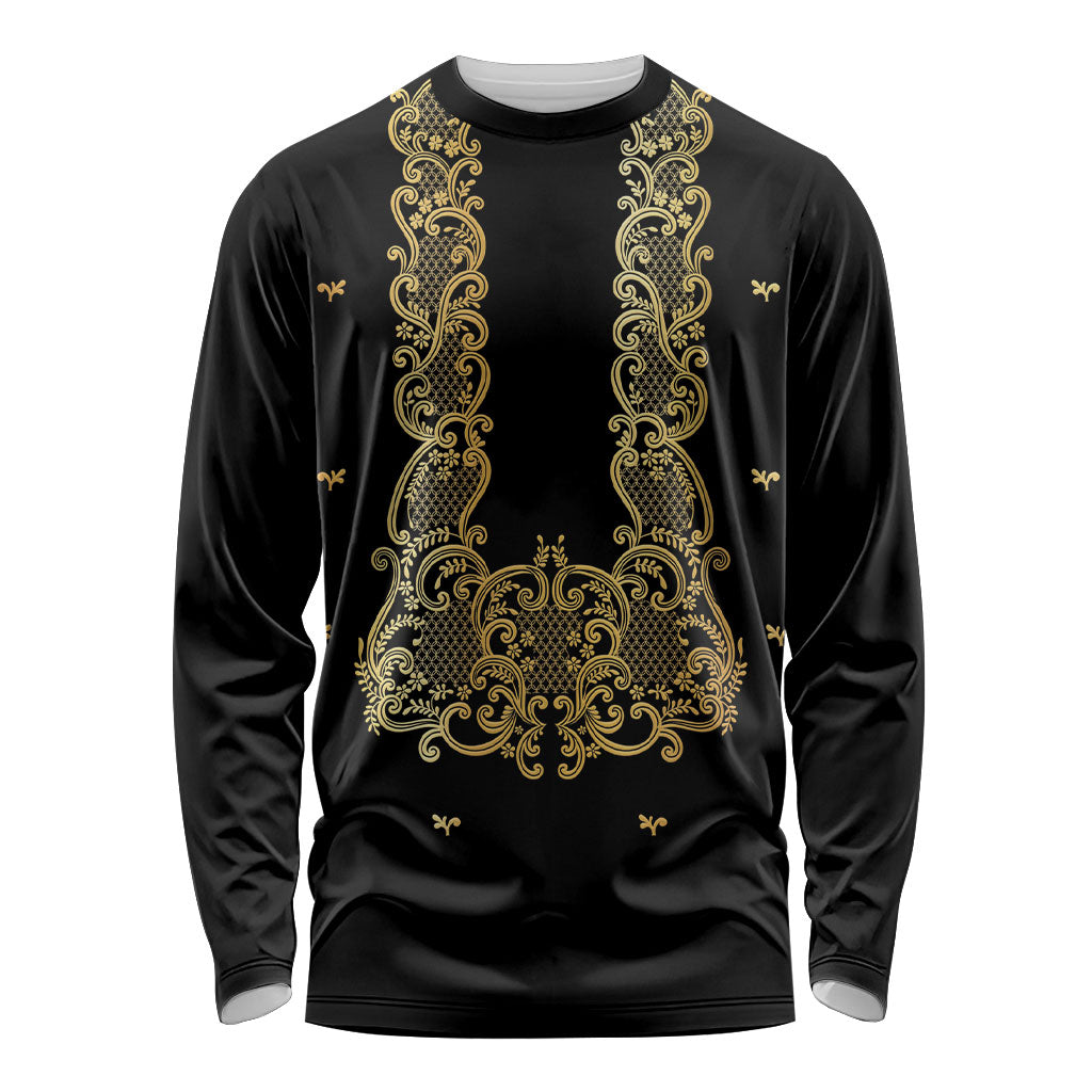 Philippines National Costume Long Sleeve Shirt Barong Tagalog Inspired Black Color