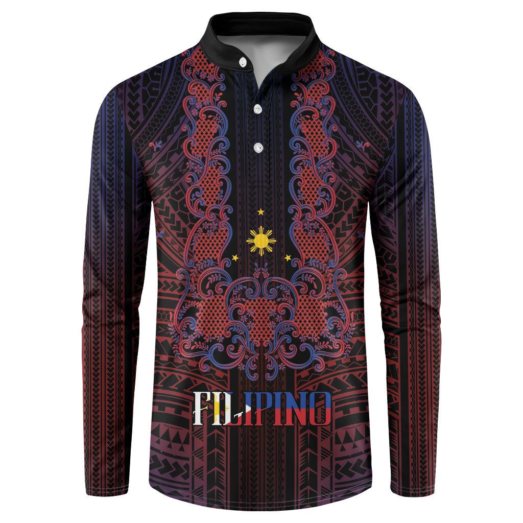 Filipino Barong Tagalog Inspired Personalised Button Sweatshirt Mabuhay Philippines Festival Polynesian Pattern