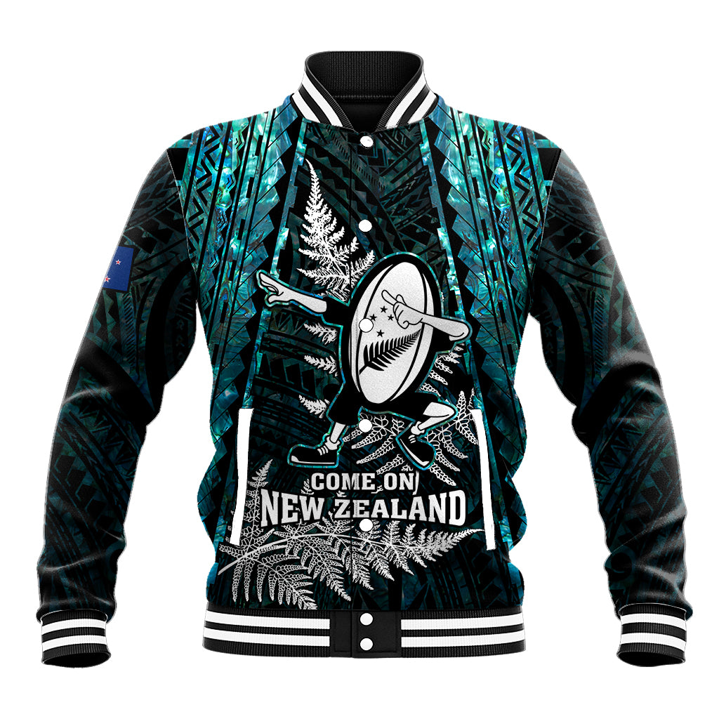 Turquoise and black rugby baseball jacket with striped collar, knit cuffs, and front graphic