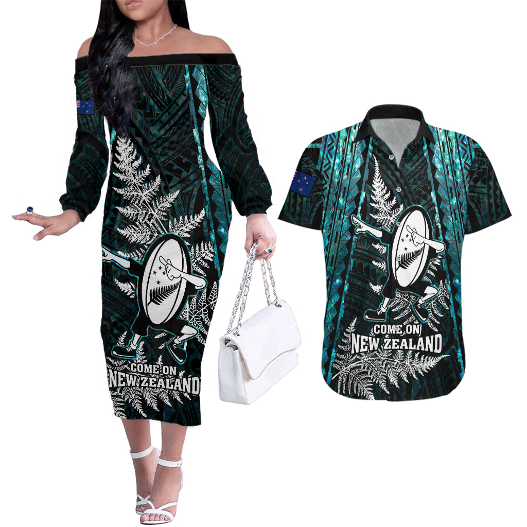 New Zealand Silver Fern Rugby Couples Matching Off The Shoulder Long Sleeve Dress and Hawaiian Shirt Aotearoa All Black Dabbing Ball With Maori Paua Shell - Wonder Print Shop