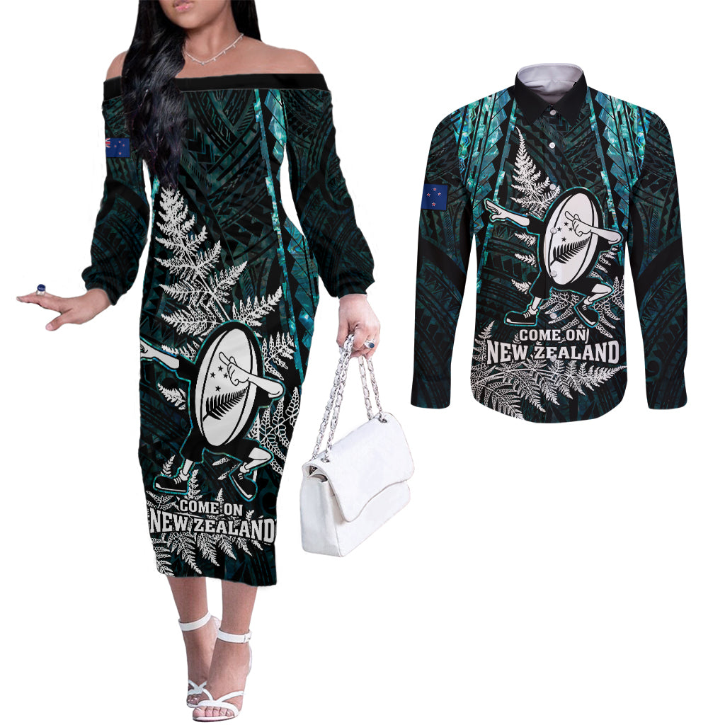 new-zealand-silver-fern-rugby-couples-matching-off-the-shoulder-long-sleeve-dress-and-long-sleeve-button-shirts-aotearoa-all-black-dabbing-ball-with-maori-paua-shell