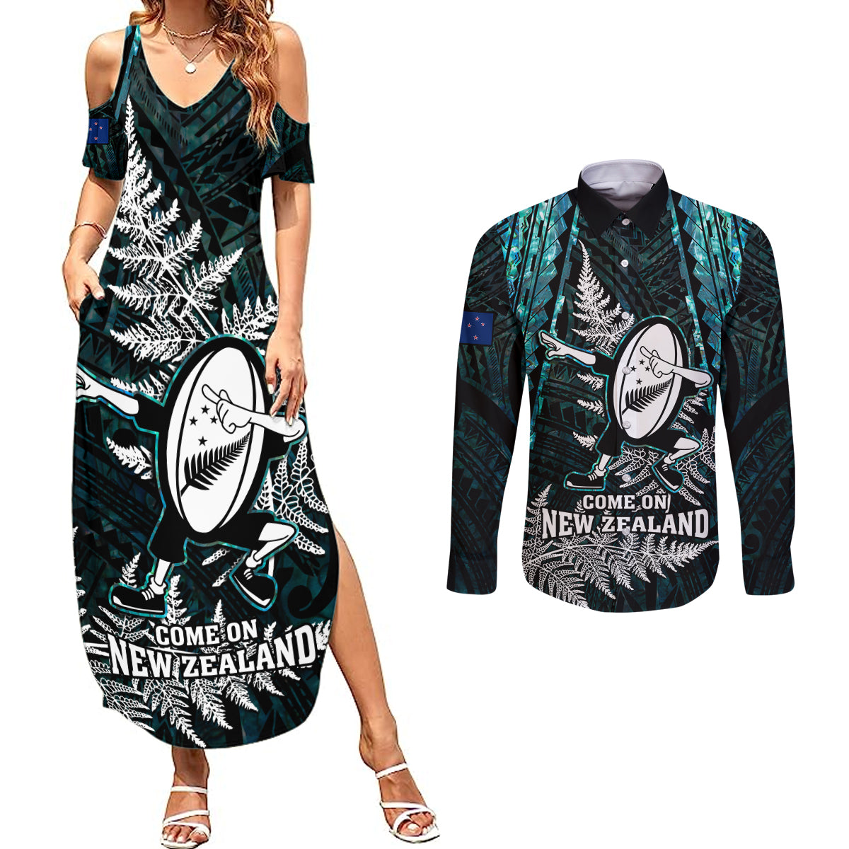 New Zealand Silver Fern Rugby Couples Matching Summer Maxi Dress and Long Sleeve Button Shirts Aotearoa All Black Dabbing Ball With Maori Paua Shell - Wonder Print Shop