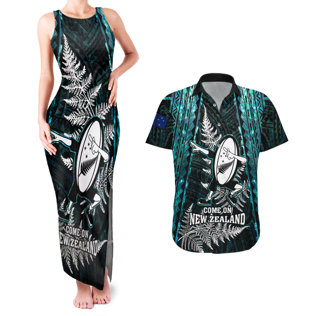 New Zealand Silver Fern Rugby Couples Matching Tank Maxi Dress and Hawaiian Shirt Aotearoa All Black Dabbing Ball With Maori Paua Shell - Wonder Print Shop