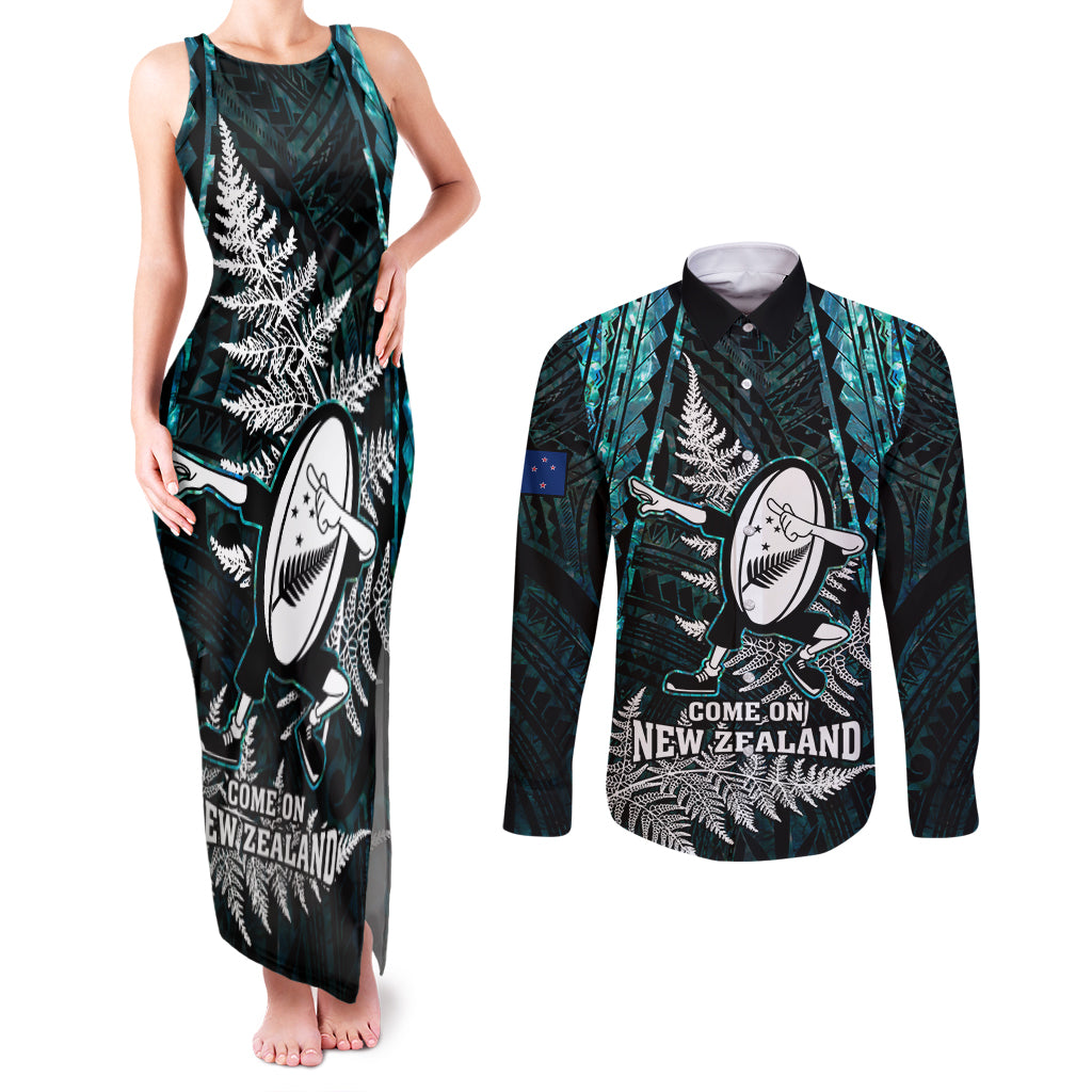 New Zealand Silver Fern Rugby Couples Matching Tank Maxi Dress and Long Sleeve Button Shirts Aotearoa All Black Dabbing Ball With Maori Paua Shell - Wonder Print Shop