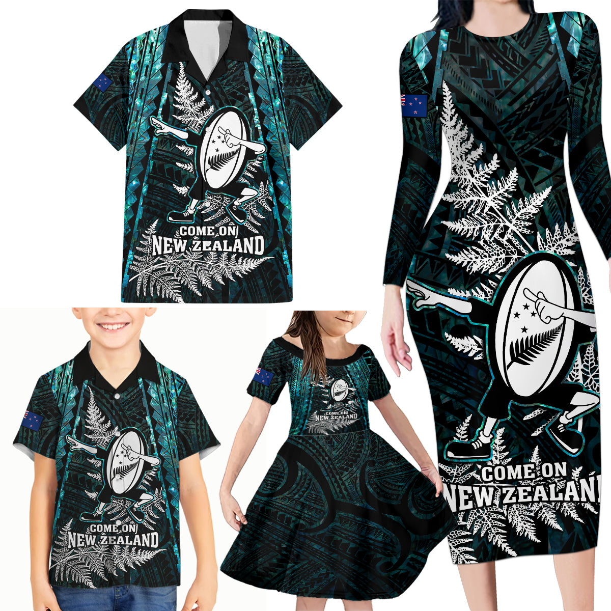 New Zealand Silver Fern Rugby Family Matching Long Sleeve Bodycon Dress and Hawaiian Shirt Aotearoa All Black Dabbing Ball With Maori Paua Shell - Wonder Print Shop