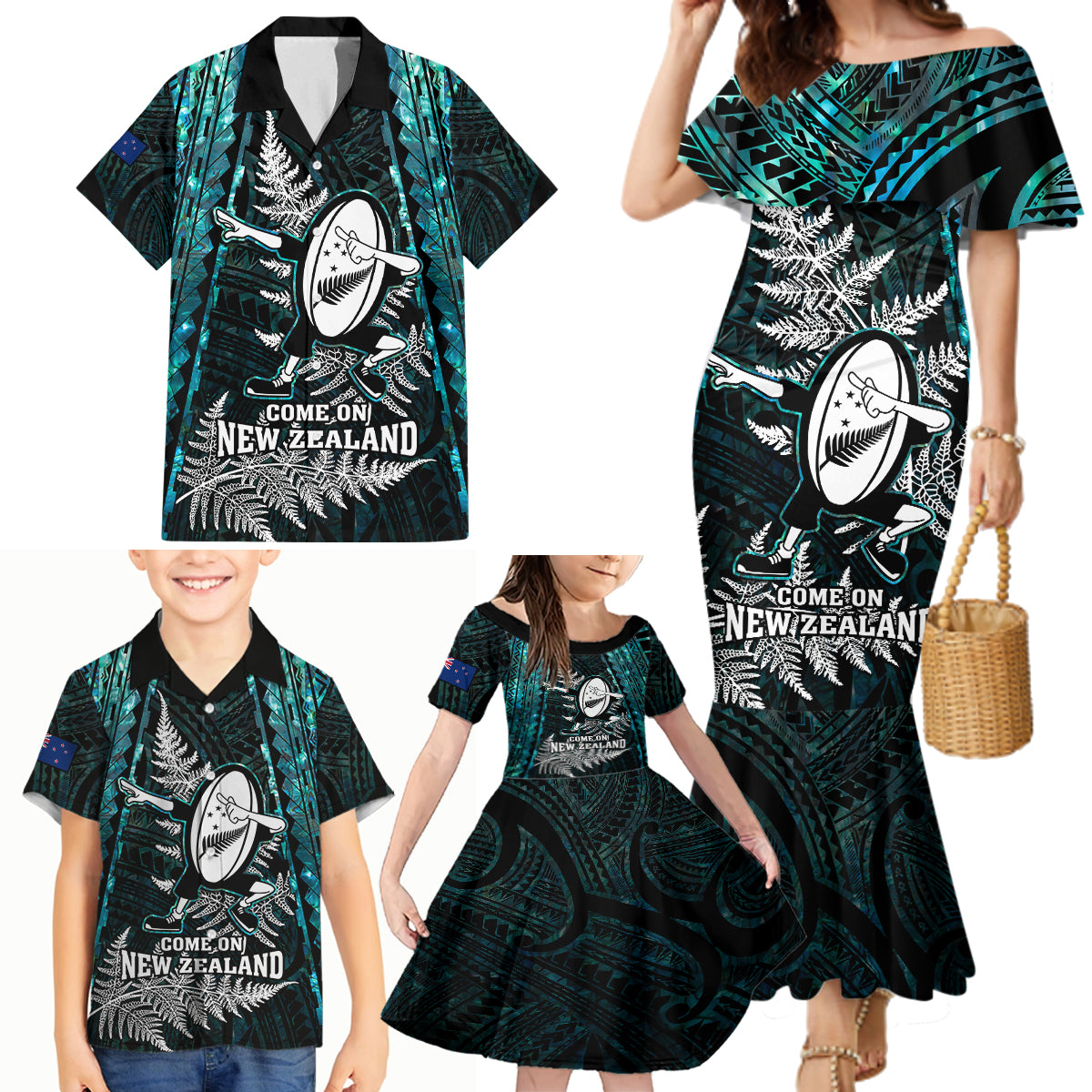 New Zealand Silver Fern Rugby Family Matching Mermaid Dress and Hawaiian Shirt Aotearoa All Black Dabbing Ball With Maori Paua Shell - Wonder Print Shop