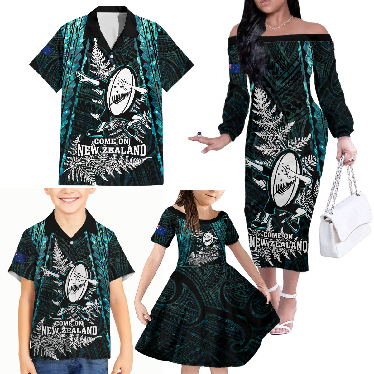 New Zealand Silver Fern Rugby Family Matching Off Shoulder Long Sleeve Dress and Hawaiian Shirt Aotearoa All Black Dabbing Ball With Maori Paua Shell - Wonder Print Shop