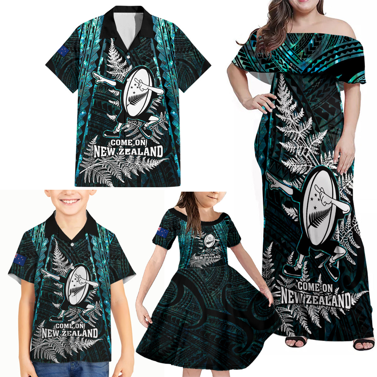 New Zealand Silver Fern Rugby Family Matching Off Shoulder Maxi Dress and Hawaiian Shirt Aotearoa All Black Dabbing Ball With Maori Paua Shell - Wonder Print Shop