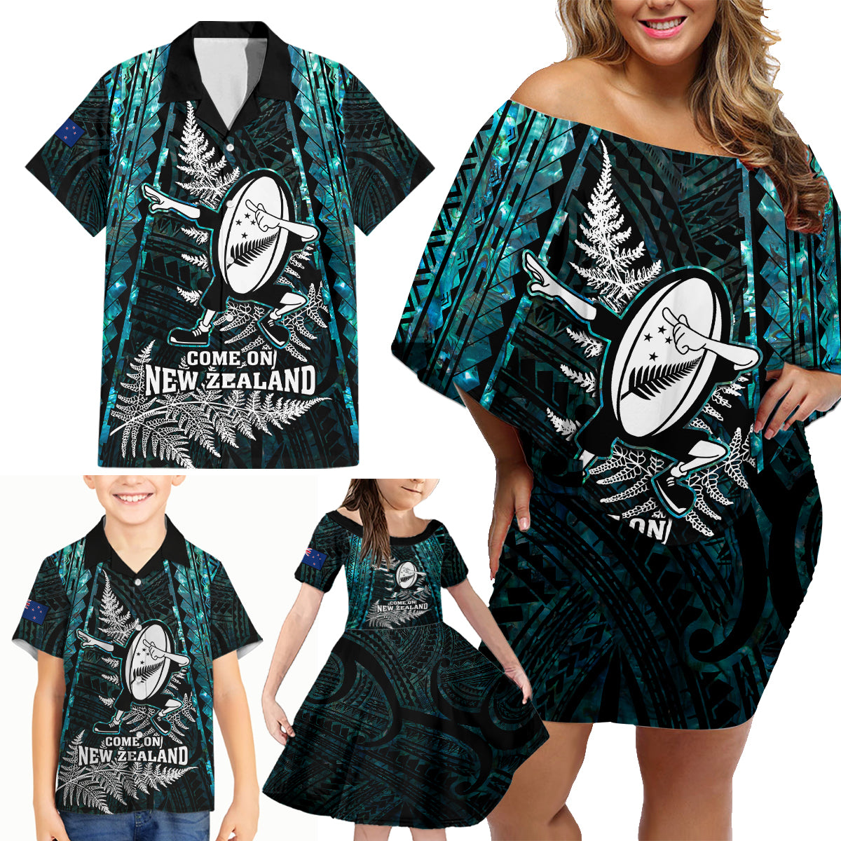 New Zealand Silver Fern Rugby Family Matching Off Shoulder Short Dress and Hawaiian Shirt Aotearoa All Black Dabbing Ball With Maori Paua Shell - Wonder Print Shop