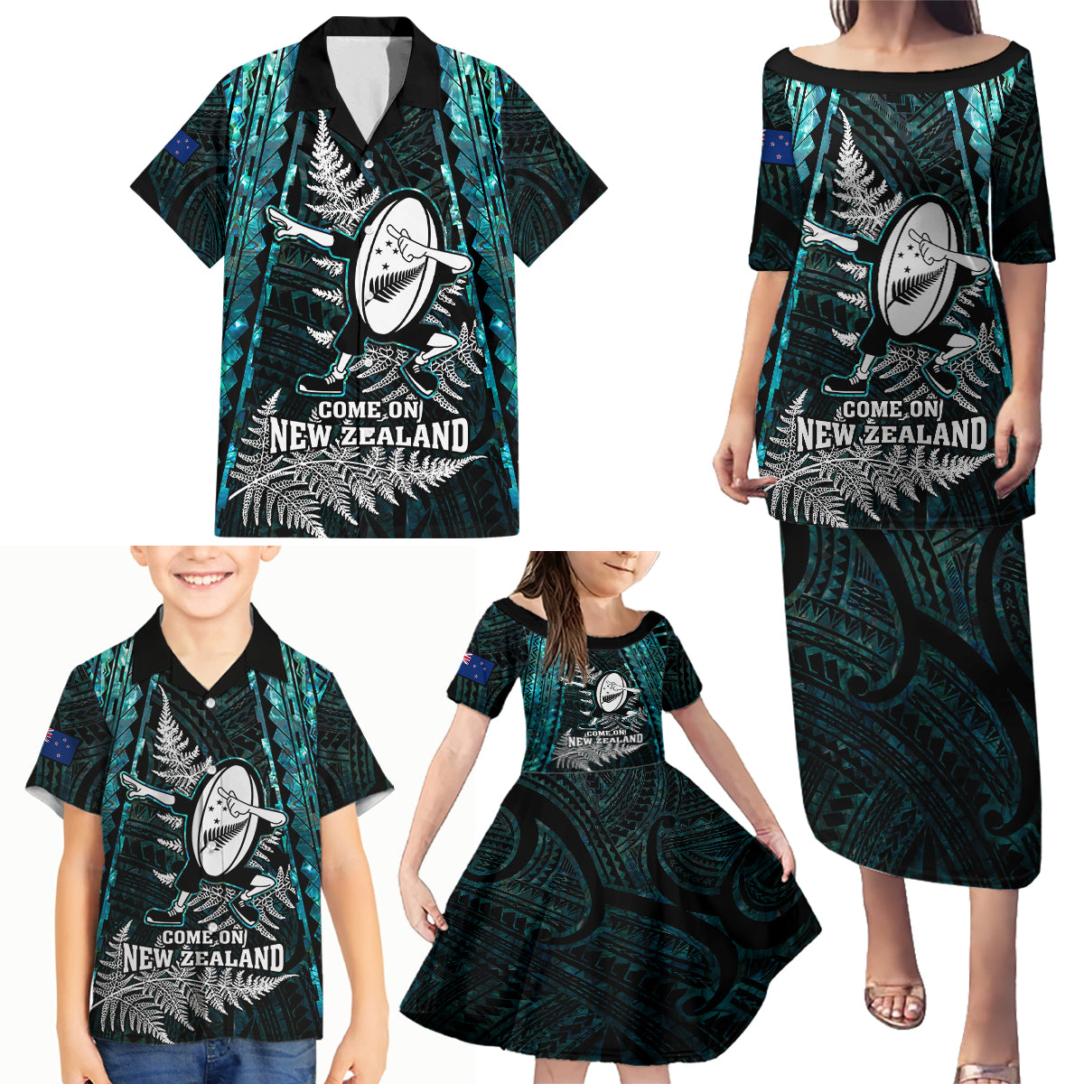 New Zealand Silver Fern Rugby Family Matching Puletasi Dress and Hawaiian Shirt Aotearoa All Black Dabbing Ball With Maori Paua Shell - Wonder Print Shop