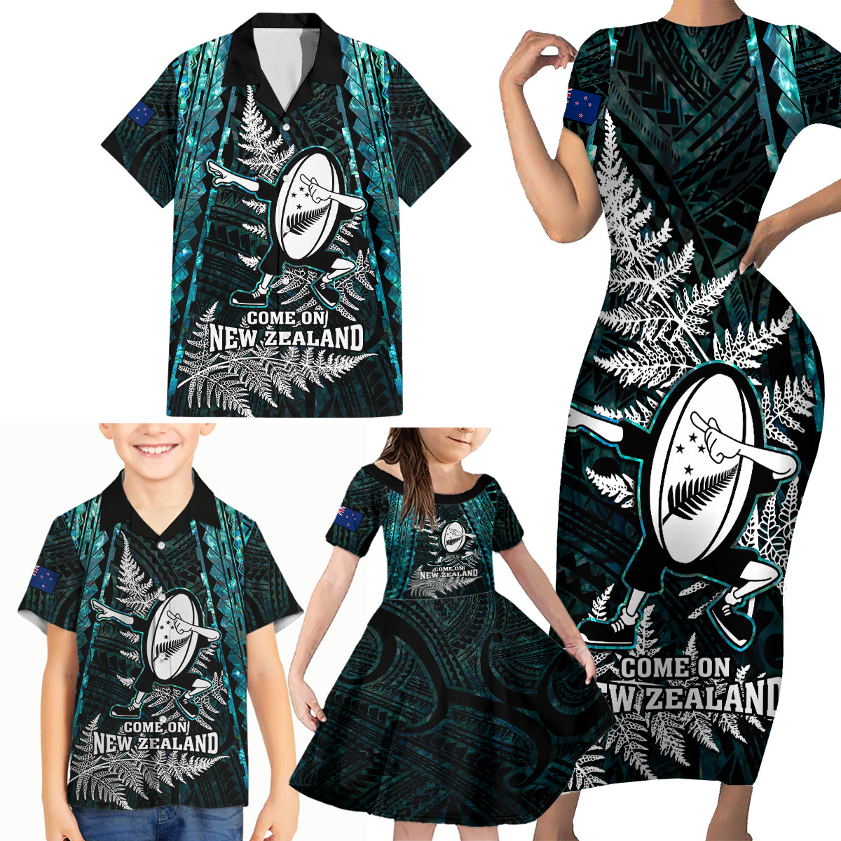 New Zealand Silver Fern Rugby Family Matching Short Sleeve Bodycon Dress and Hawaiian Shirt Aotearoa All Black Dabbing Ball With Maori Paua Shell - Wonder Print Shop