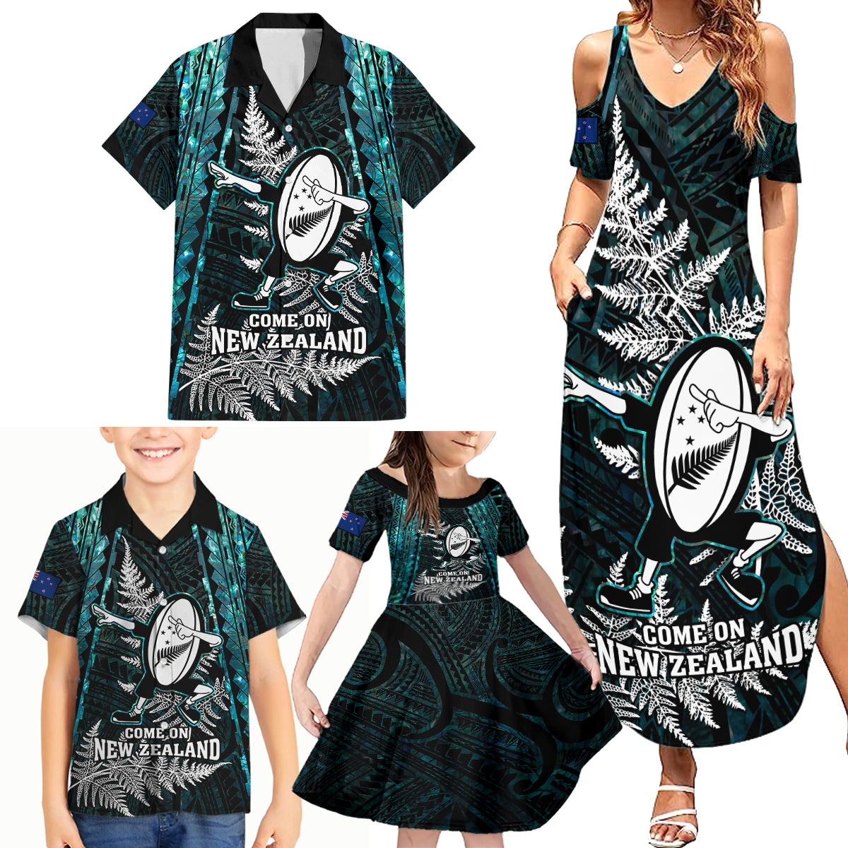 New Zealand Silver Fern Rugby Family Matching Summer Maxi Dress and Hawaiian Shirt Aotearoa All Black Dabbing Ball With Maori Paua Shell - Wonder Print Shop